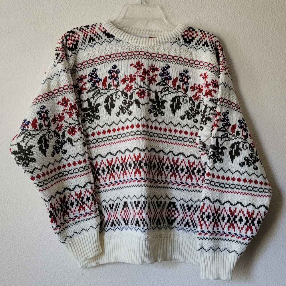 Vicki Wayne's Vintage Floral Sweater White Red Blue Medium